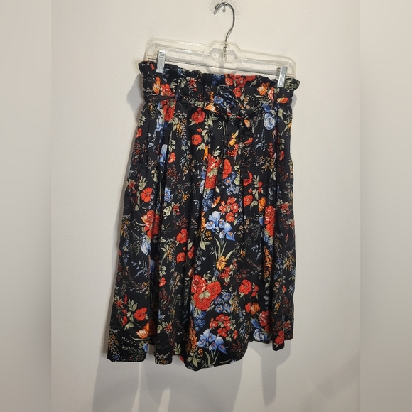 H&M Size M Black Floral Paper Bag Midi Cotton Skirt W/pockets - Picture 1 of 7